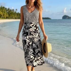 Tommy Bahama Mixed Print Midi Dress Womens Large Black Hawaiian Tribal Knit